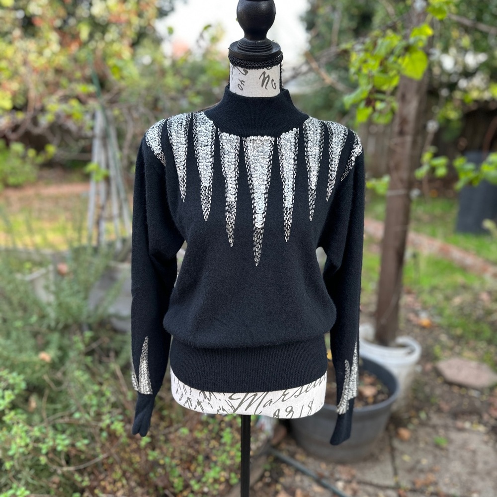 Black Wool Angora 80s Sweater with Silver sequins and beading
